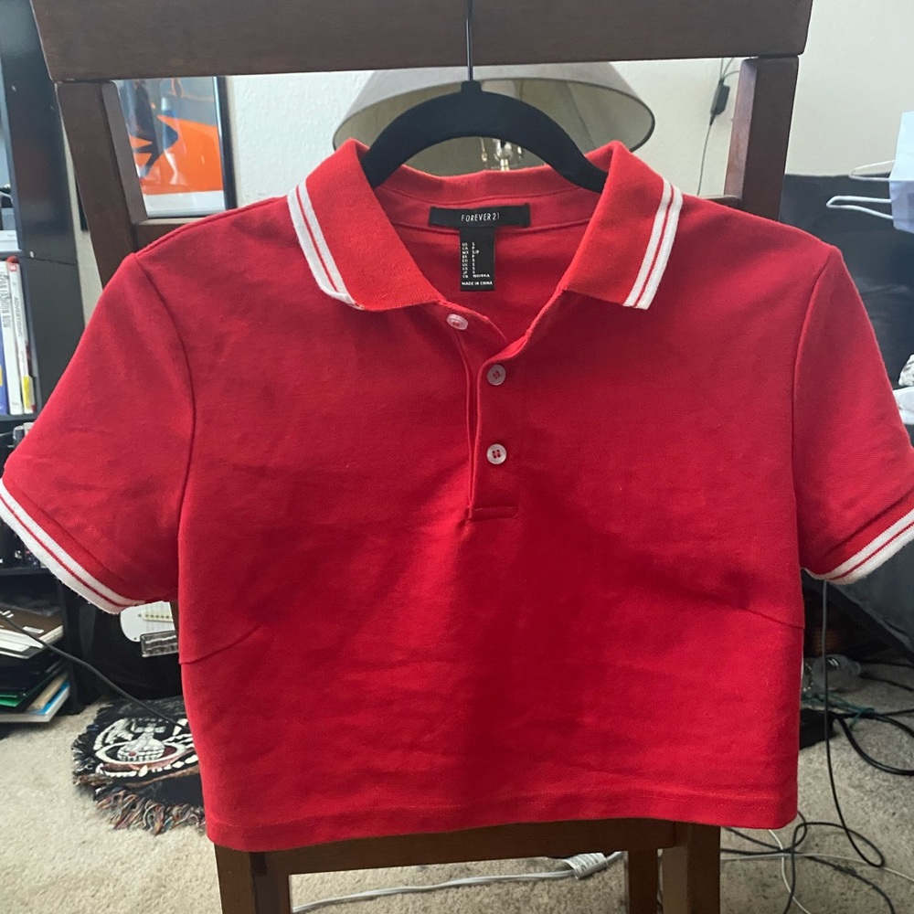 Forever 21 Cropped Polo Shirt (Red/White)